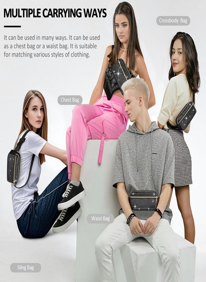 BAOGCOYO Fanny Packs for Women Men Mini Fashion Glitter Waist Packs with Adjustable Strap and 3 Zipper Pockets Everywhere Crossbody Belt Bag for Outdoors Running Travelling (Black Bling Sparkle) - Image 5
